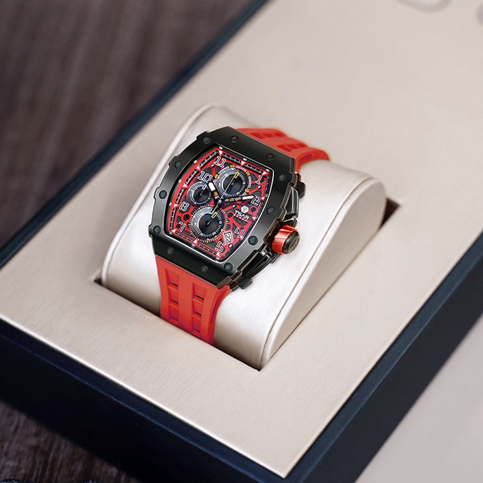 Tsar Bomba 機械公爵 | 元素系列 TB8204Q-09/-37 | 日曆版 黑框 紅色矽膠錶帶 石英錶側面展示