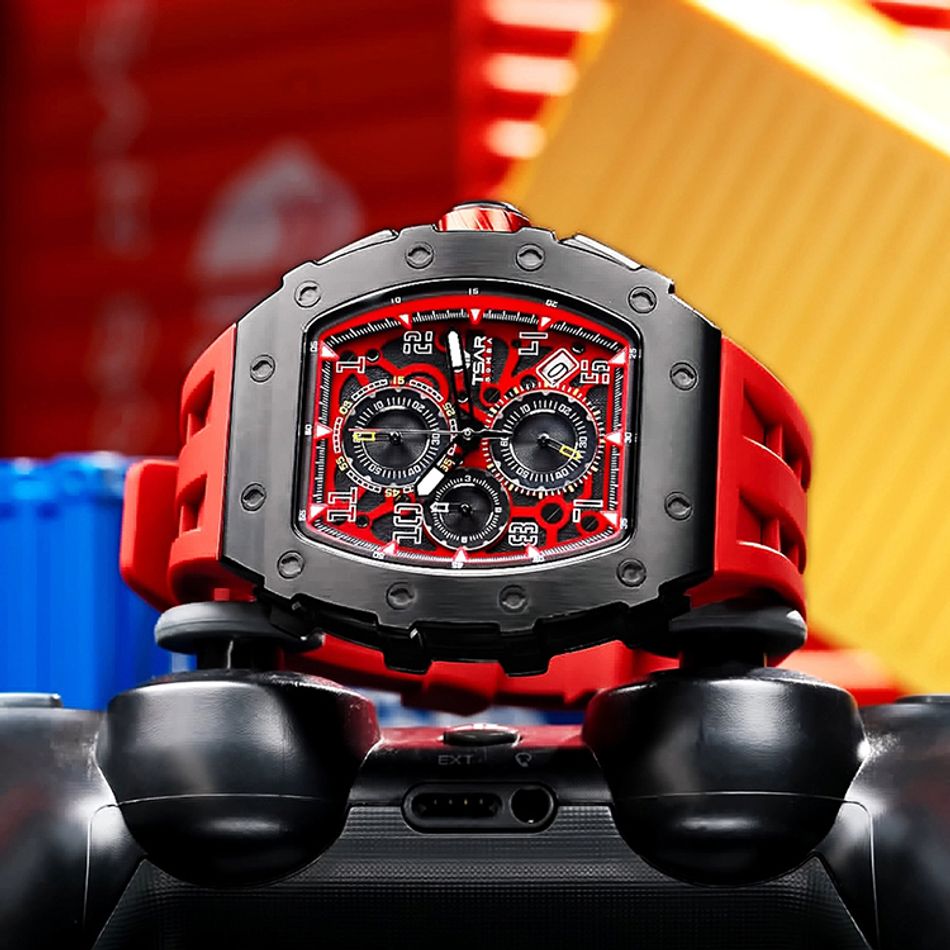 Tsar Bomba 機械公爵 | 元素系列 TB8204Q-09/-37 | 日曆版 黑框 紅色矽膠錶帶 石英錶橫躺錶面細節