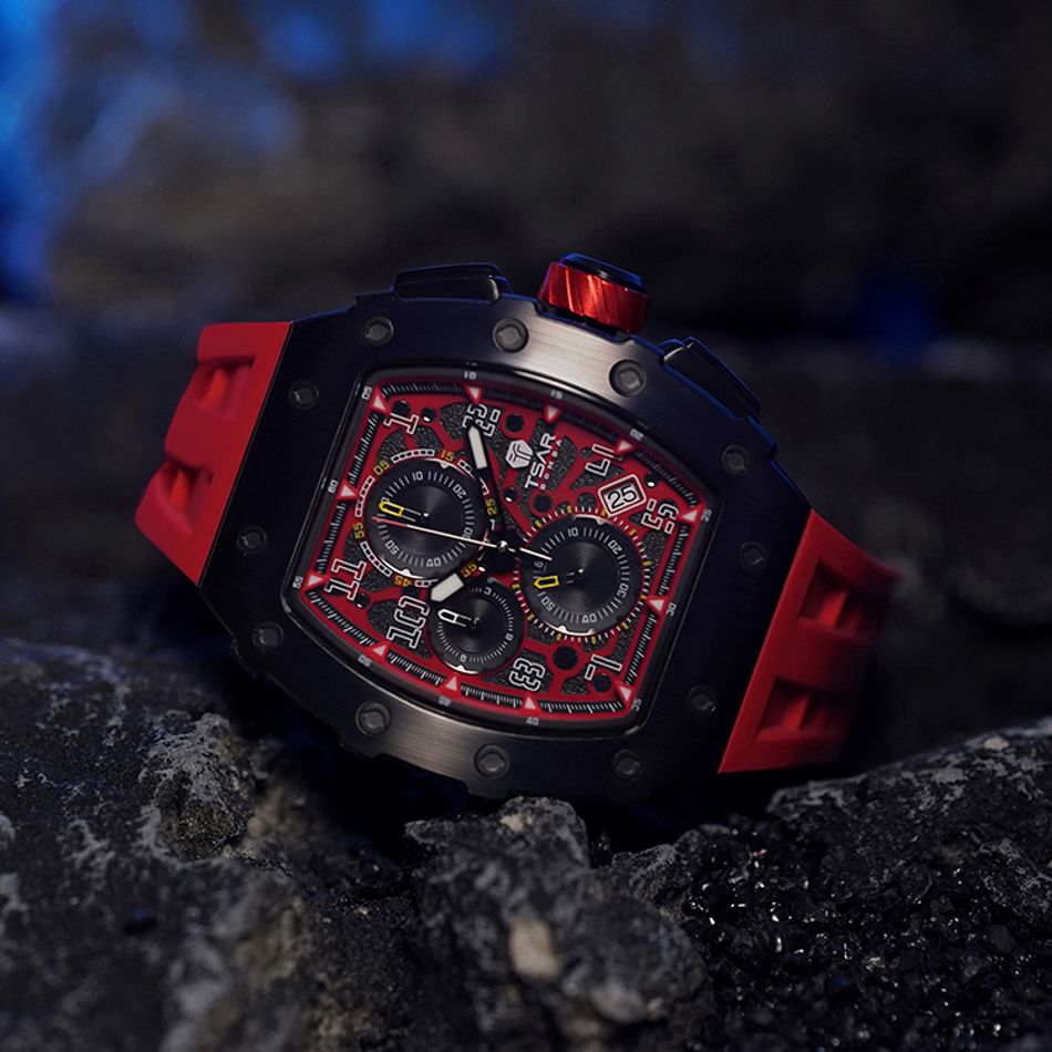 Tsar Bomba 機械公爵 | 元素系列 TB8204Q-09/-37 | 日曆版 黑框 紅色矽膠錶帶 石英錶橫躺展示