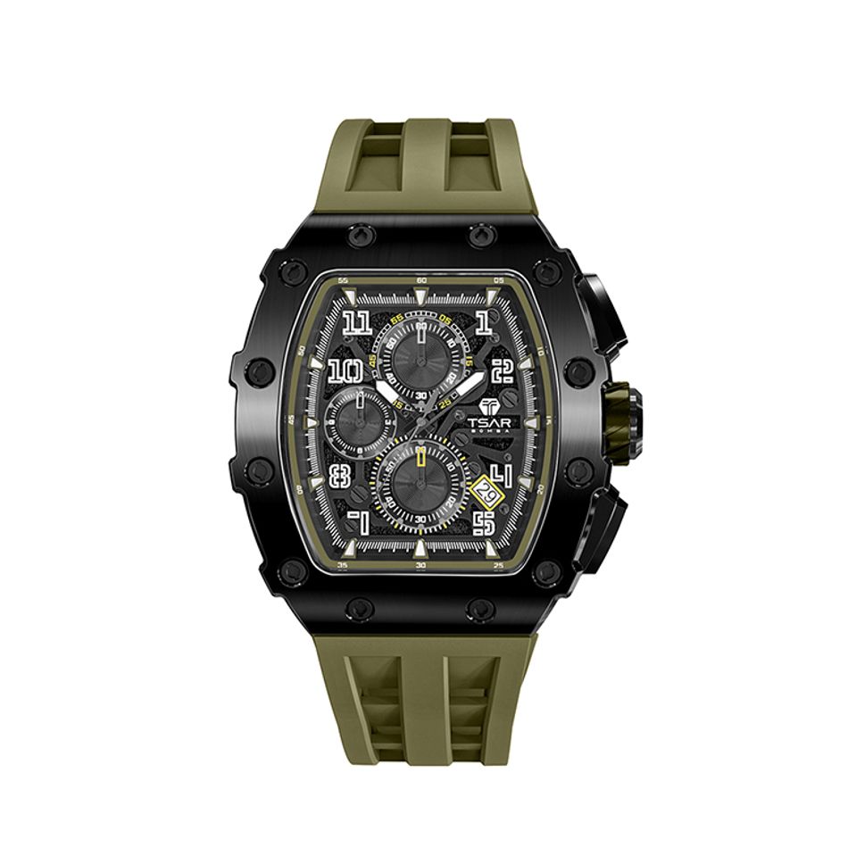 Tsar Bomba 機械公爵 | 元素系列 TB8204Q-08/38 | 日曆版 黑框 軍綠色矽膠錶帶 石英錶正面