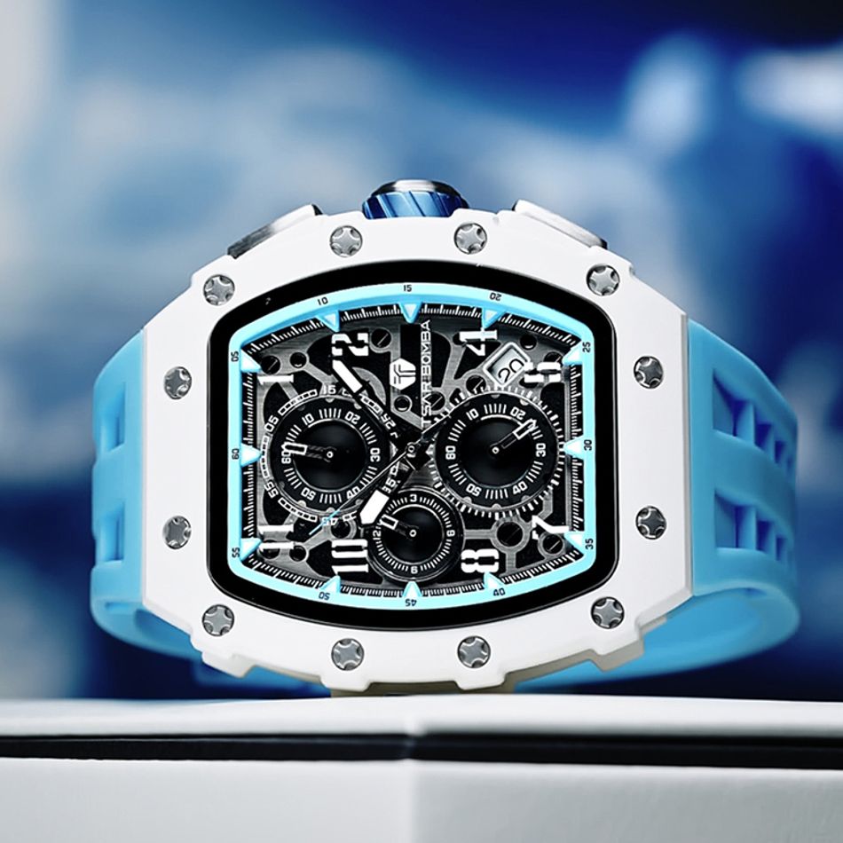 Tsar Bomba 機械公爵 | 元素系列 TB8204B-02 | 日曆版 白色生化陶瓷框 天藍色矽膠錶帶 石英錶橫躺錶面細節