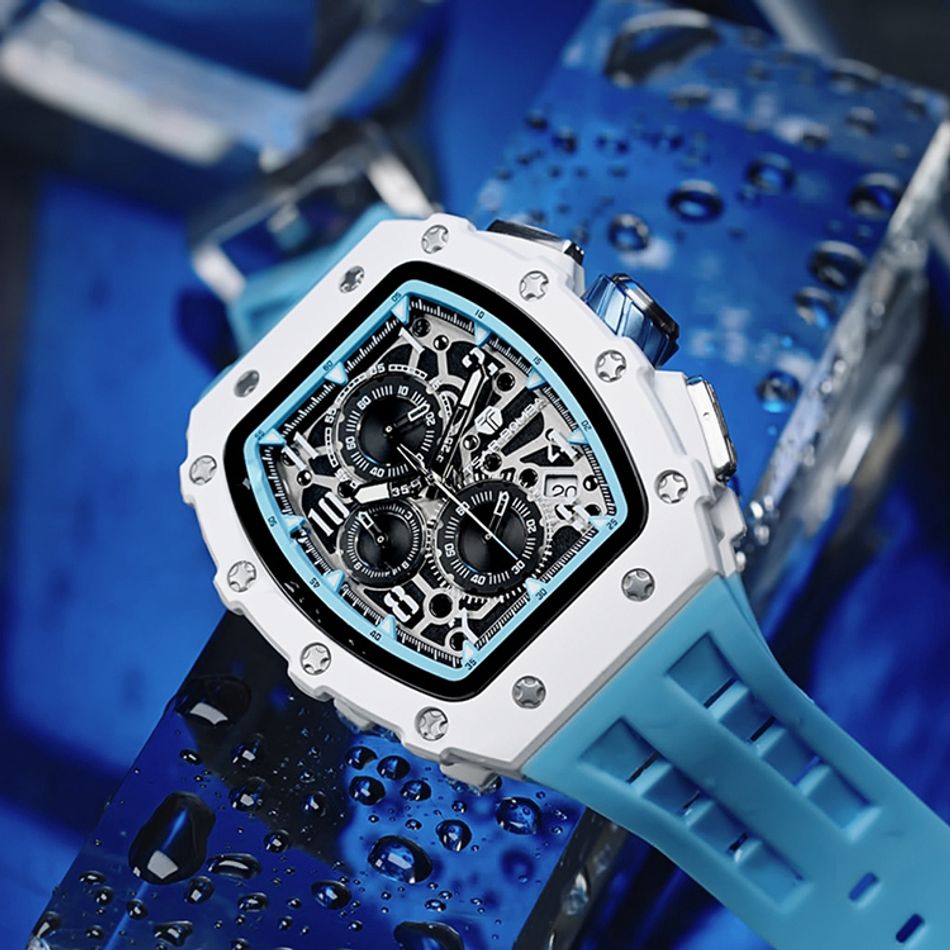 Tsar Bomba 機械公爵 | 元素系列 TB8204B-02 | 日曆版 白色生化陶瓷框 天藍色矽膠錶帶 石英錶右側細節