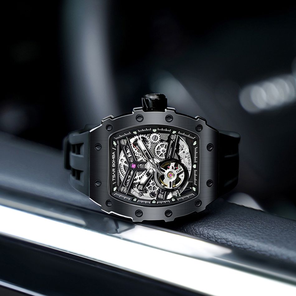 Tsar Bomba 機械公爵 | 元素系列 TB8208A-15 | 自動上鍊 黑框 黑色矽膠錶帶 機械錶橫躺細節