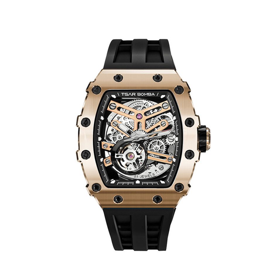 Tsar Bomba 機械公爵 | 元素系列 TB8208A-16 | 自動上鍊 玫金框 黑色矽膠錶帶 機械錶正面