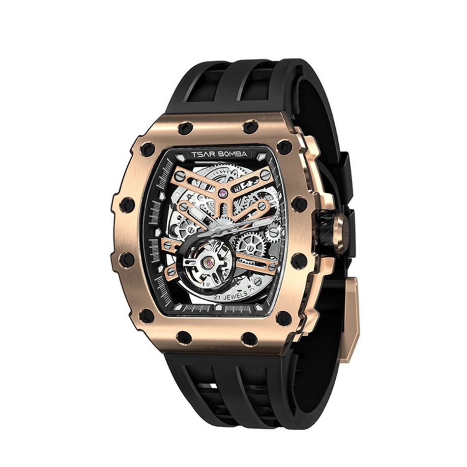 Tsar Bomba 機械公爵 | 元素系列 TB8208A-16 | 自動上鍊 玫金框 黑色矽膠錶帶 機械錶側面