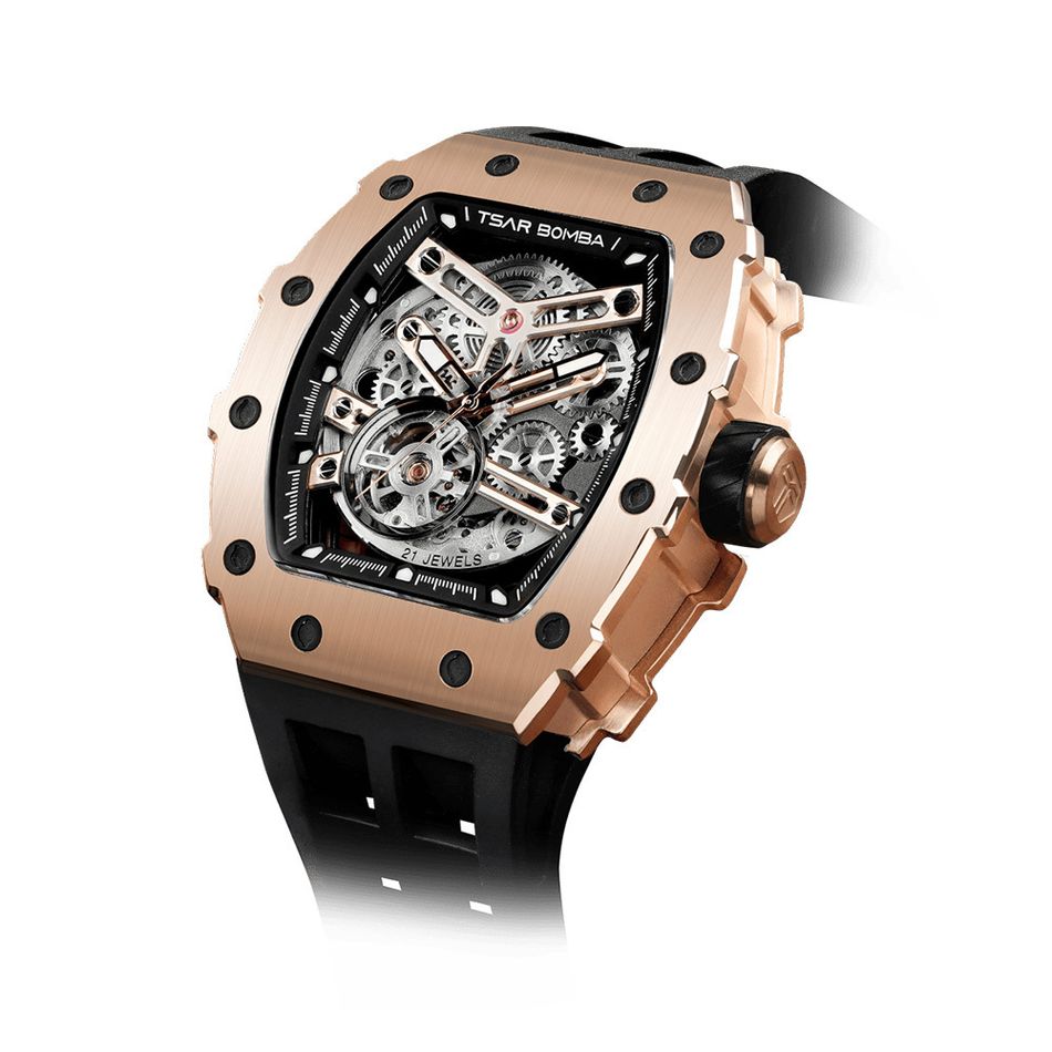 Tsar Bomba 機械公爵 | 元素系列 TB8208A-16 | 自動上鍊 玫金框 黑色矽膠錶帶 機械錶錶面細節