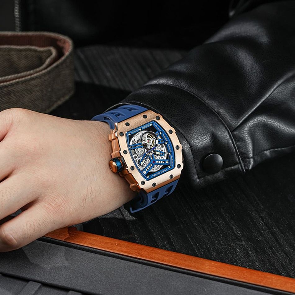 Tsar Bomba 機械公爵 | 元素系列 TB8208A-17 | 自動上鍊 玫瑰金框 藍色矽膠錶帶 機械錶實戴展示