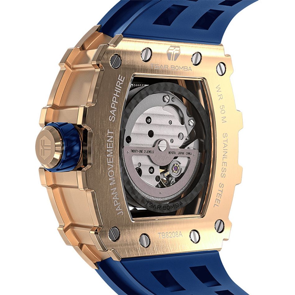 Tsar Bomba 機械公爵 | 元素系列 TB8208A-17 | 自動上鍊 玫瑰金框 藍色矽膠錶帶 機械錶背面