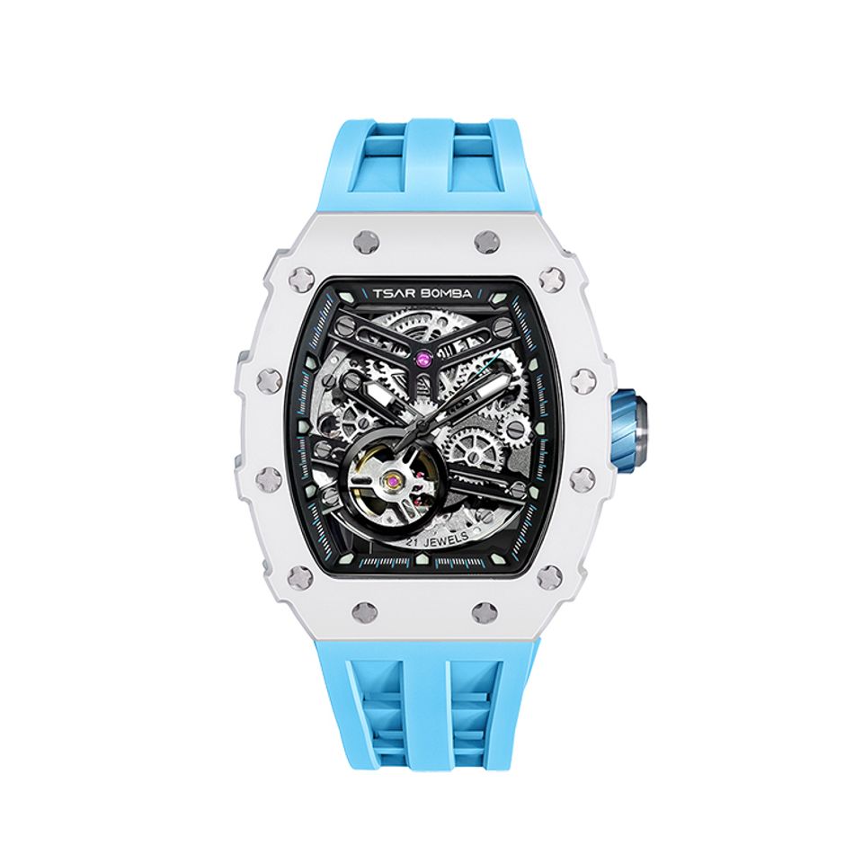 Tsar Bomba 機械公爵 | 元素系列 TB8208C-06 | 自動上鍊 白陶瓷框 藍色氟橡膠錶帶 機械錶正面