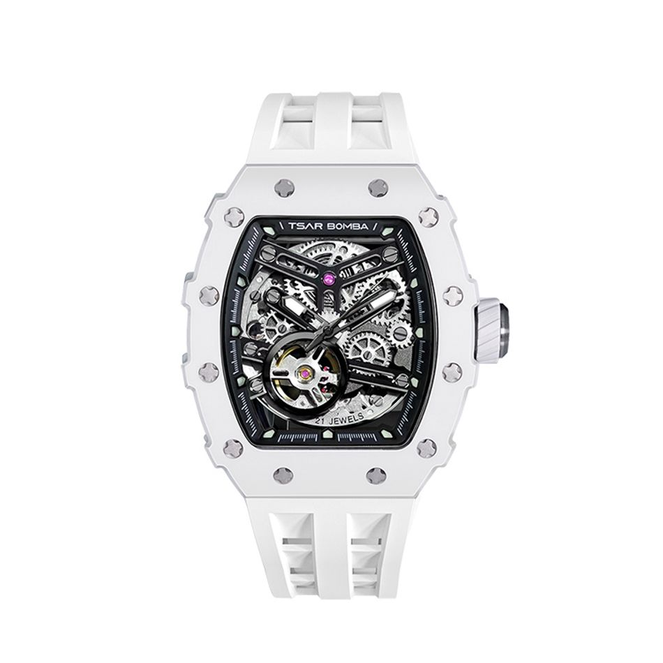 Tsar Bomba 機械公爵 | 元素系列 TB8208C-07 | 自動上鍊 白陶瓷框 白色氟橡膠錶帶 機械錶正面