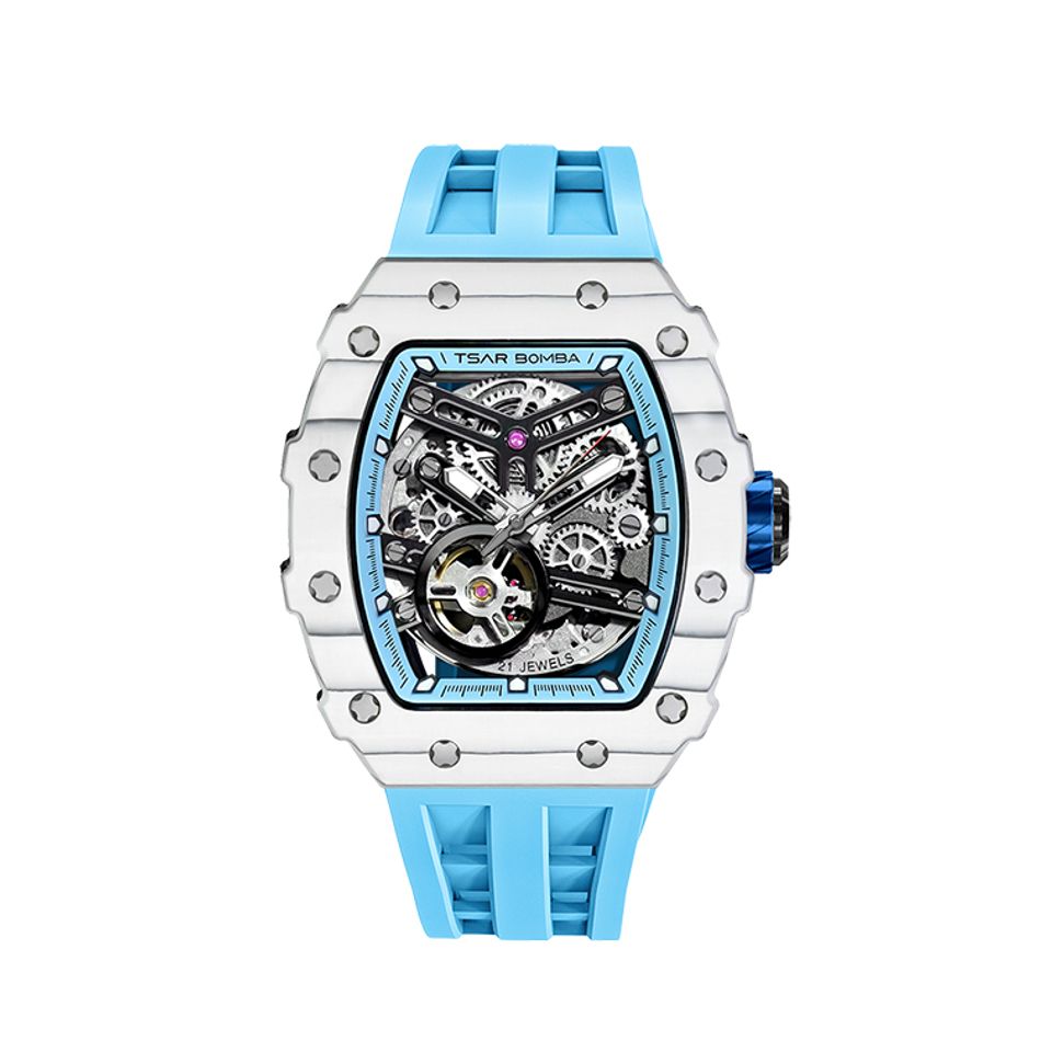 Tsar Bomba 機械公爵 | TB8208CF-06 | 元素系列 自動上鍊 白色碳纖維框 藍色氟橡膠錶帶 機械錶正面