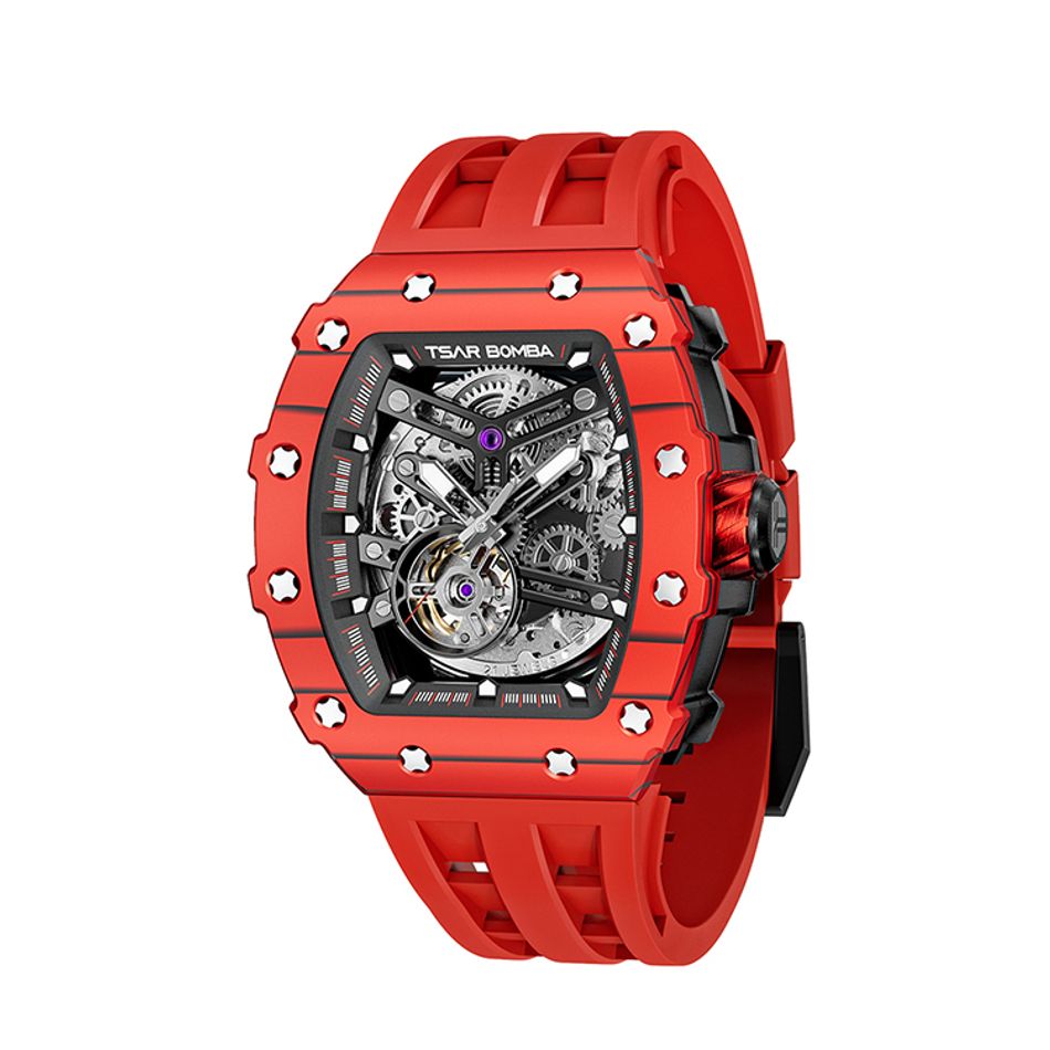 Tsar Bomba 機械公爵 | 元素系列 TB8208CF-07 | 自動上鍊 紅色碳纖維框 紅色氟橡膠錶帶 機械錶側面
