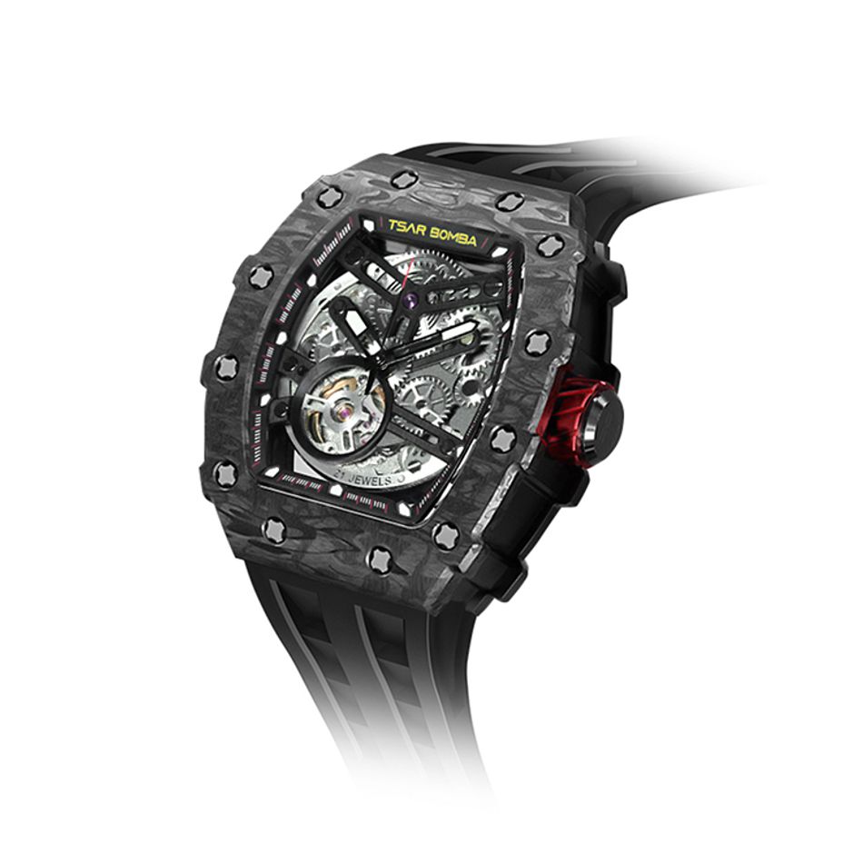 Tsar Bomba 機械公爵 | TB8208CF-08 | 元素系列 自動上鍊 黑色碳纖維框 黑色氟橡膠錶帶 機械錶右側錶面細節