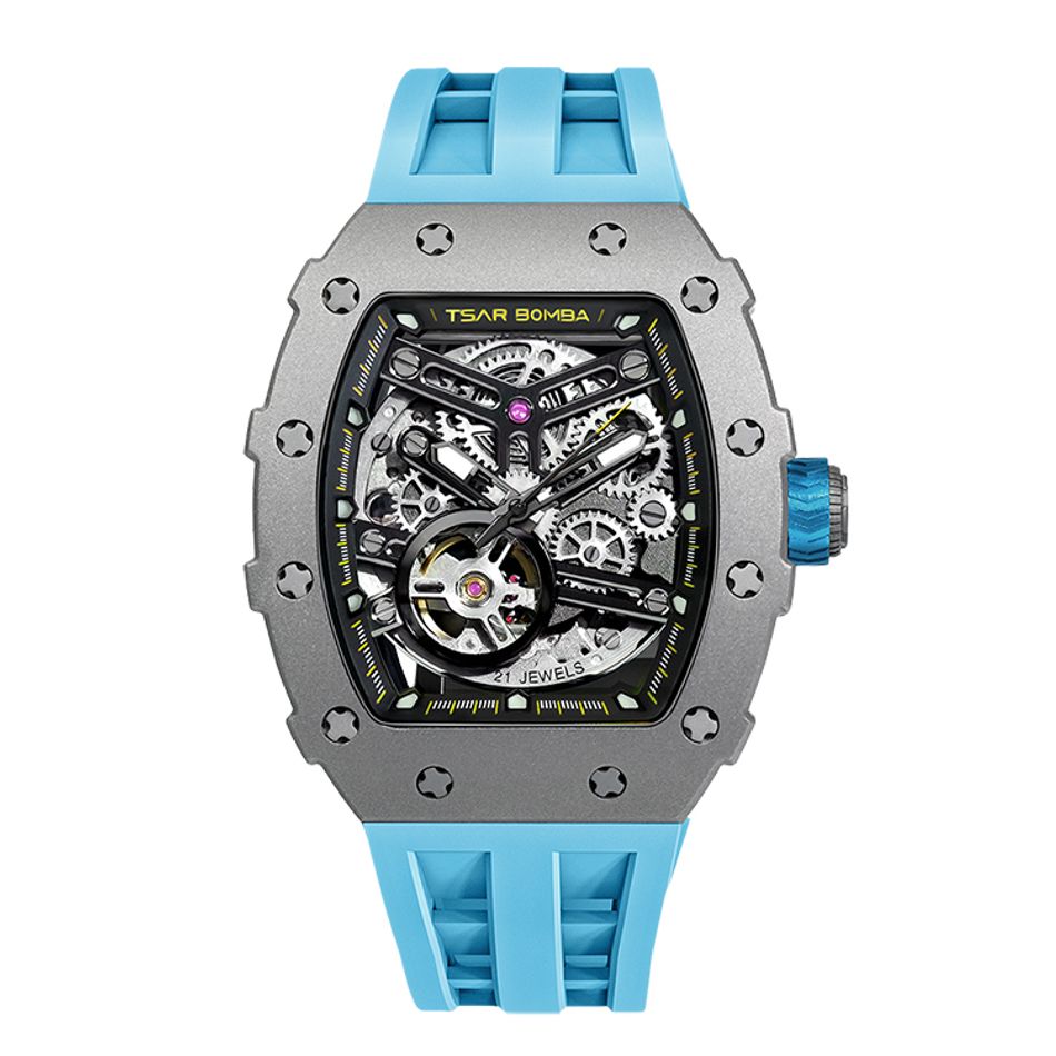 Tsar Bomba 機械公爵 | 元素系列 TB8208T-03 | 自動上鍊 灰色鈦合金框 藍色氟橡膠錶帶 機械錶正面