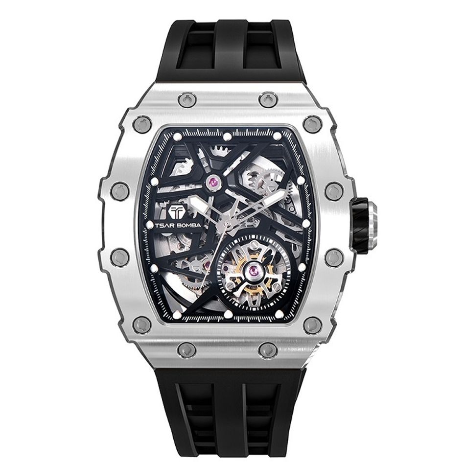 Tsar Bomba 機械公爵 | 元素系列 TB8209A-01 | 自動上鍊 銀框 黑色矽膠錶帶 機械錶正面
