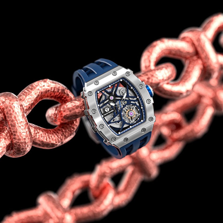 Tsar Bomba 機械公爵 | 元素系列 TB8209A-03 | 自動上鍊 銀框 藍色矽膠錶帶 機械錶正面展示