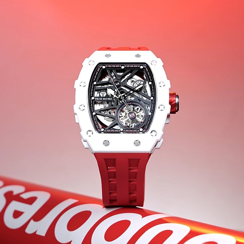 Tsar Bomba 機械公爵 | 元素系列 TB8209C-01 | 自動上鍊 白色陶瓷框 紅色氟橡膠錶帶 機械錶正面展示