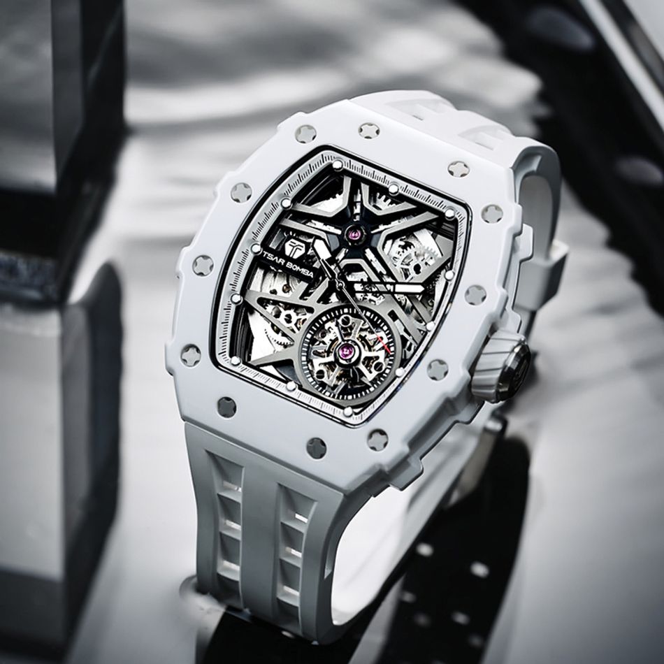 Tsar Bomba 機械公爵 | 元素系列 TB8209C-02 | 自動上鍊 白色陶瓷框 白色氟橡膠錶帶 機械錶右側展示