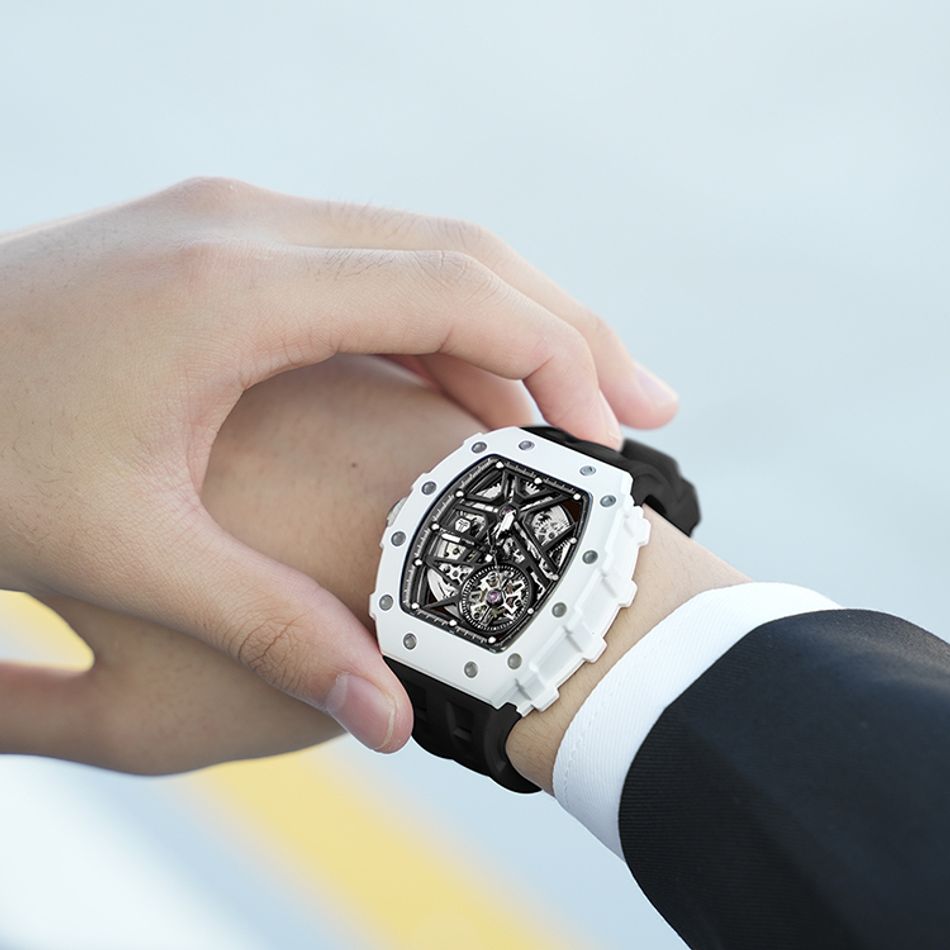 Tsar Bomba 機械公爵 | 元素系列 TB8209C-03 | 自動上鍊 白色陶瓷框 黑色氟橡膠錶帶 機械錶搭配細節