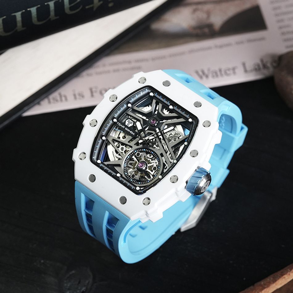 Tsar Bomba 機械公爵 | 元素系列 TB8209C-04 | 自動上鍊 白色陶瓷框 藍色氟橡膠錶帶 機械錶右側展示