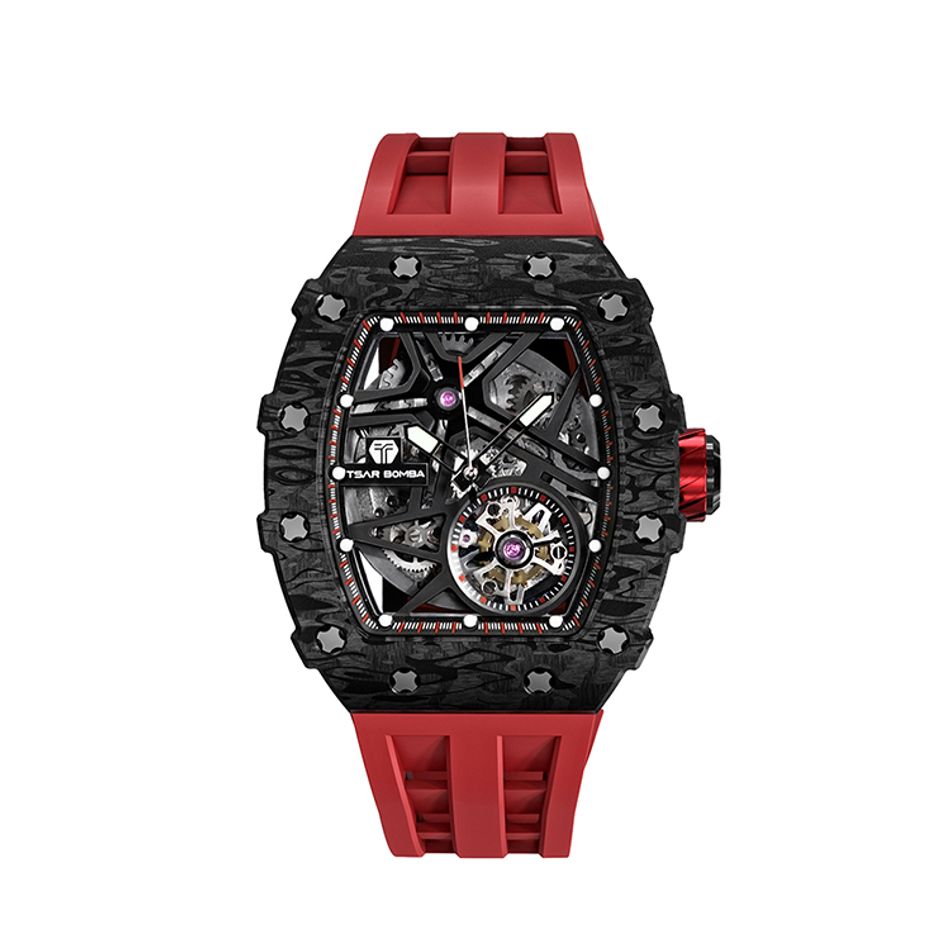 Tsar Bomba 機械公爵 | 元素系列 TB8209CF-02 | 自動上鍊 黑色碳纖維框 紅色氟橡膠錶帶 機械錶正面