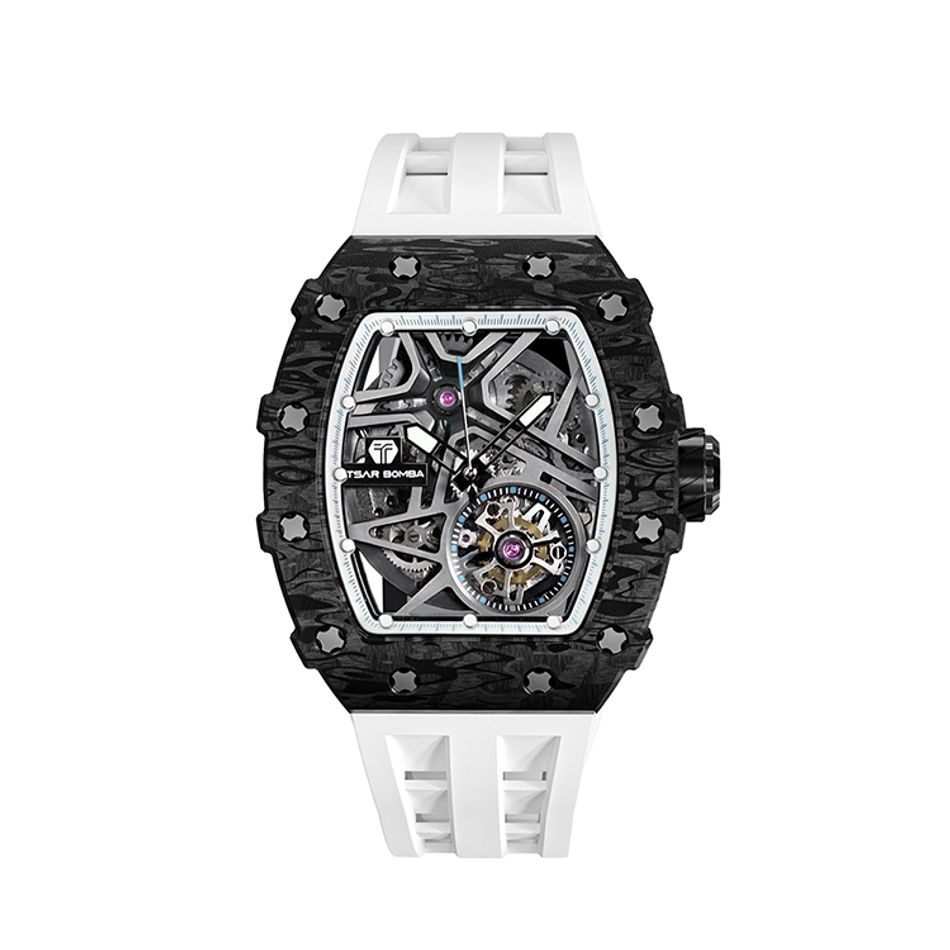 Tsar Bomba 機械公爵 | 元素系列 TB8209CF-03 | 自動上鍊 黑色碳纖維框 白色氟橡膠錶帶 機械錶正面