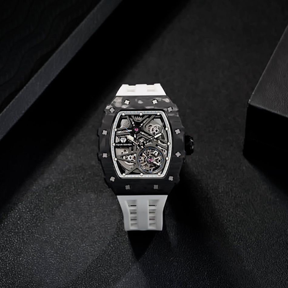 Tsar Bomba 機械公爵 | 元素系列 TB8209CF-03 | 自動上鍊 黑色碳纖維框 白色氟橡膠錶帶 機械錶正面展示