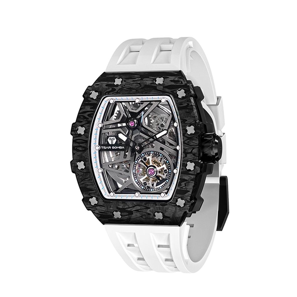 Tsar Bomba 機械公爵 | 元素系列 TB8209CF-03 | 自動上鍊 黑色碳纖維框 白色氟橡膠錶帶 機械錶側面
