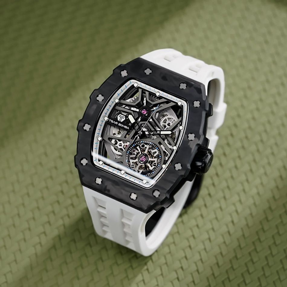 Tsar Bomba 機械公爵 | 元素系列 TB8209CF-03 | 自動上鍊 黑色碳纖維框 白色氟橡膠錶帶 機械錶側面細節