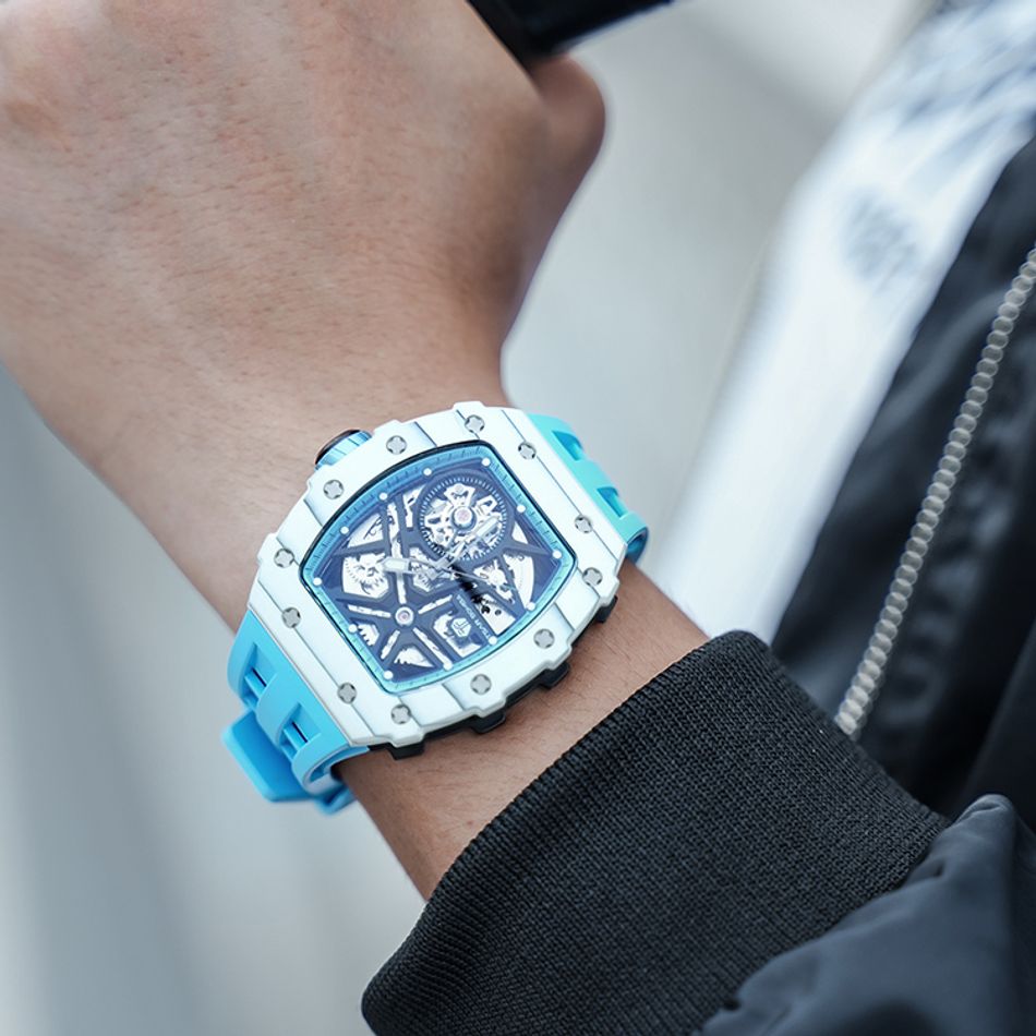 Tsar Bomba 機械公爵 | 元素系列 TB8209CF-06 | 自動上鍊 白色碳纖維框 藍色氟橡膠錶帶 機械錶搭配細節