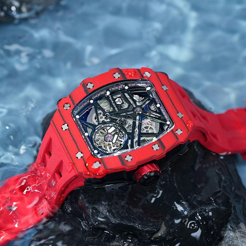 Tsar Bomba 機械公爵 | 元素系列 TB8209CF-07 | 自動上鍊 紅色碳纖維框 紅色氟橡膠錶帶 機械錶右側細節