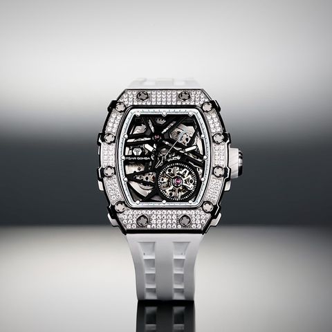 Tsar Bomba 機械公爵 | 元素系列 TB8209D-01 | 自動上鍊 銀色鋯石水晶錶圈 白色氟橡膠錶帶 機械錶正面細節展示