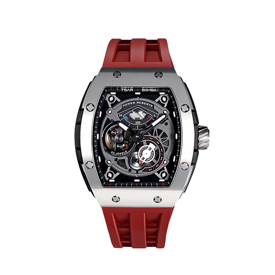 Tsar Bomba 機械公爵 | 元素系列 TB8210A-01 | 自動上鍊 銀色框 紅色氟橡膠快拆錶帶 機械錶正面