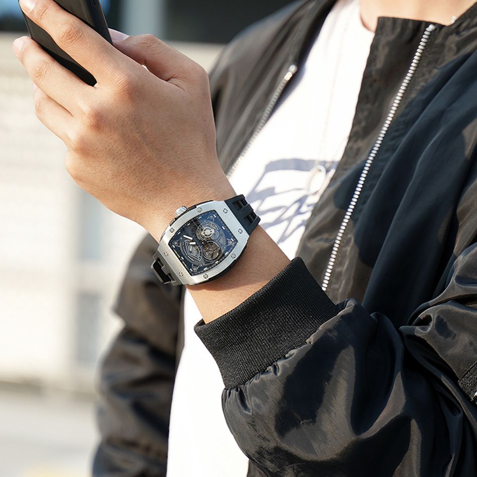 Tsar Bomba 機械公爵 | 元素系列 TB8210A-02 | 自動上鍊 銀色框 黑色氟橡膠快拆錶帶 機械錶搭配細節