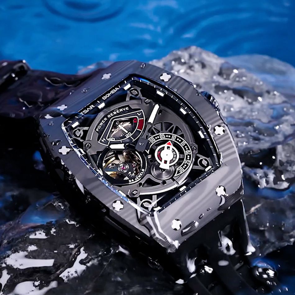 Tsar Bomba 機械公爵 | 元素系列 TB8210CF-01 | 自動上鍊 黑色碳纖維框 黑色氟橡膠快拆錶帶 機械錶錶面細節