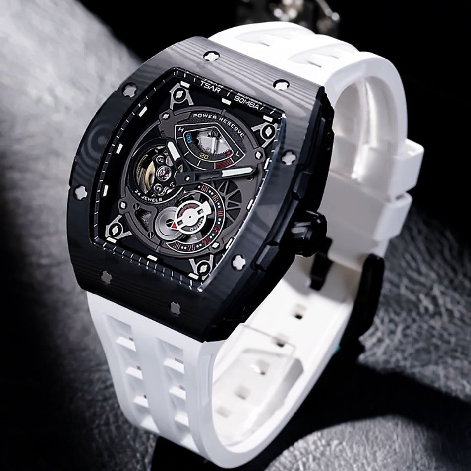 Tsar Bomba 機械公爵 | 元素系列 TB8210CF-02 | 自動上鍊 黑色碳纖維框 白色氟橡膠快拆錶帶 機械錶右側細節