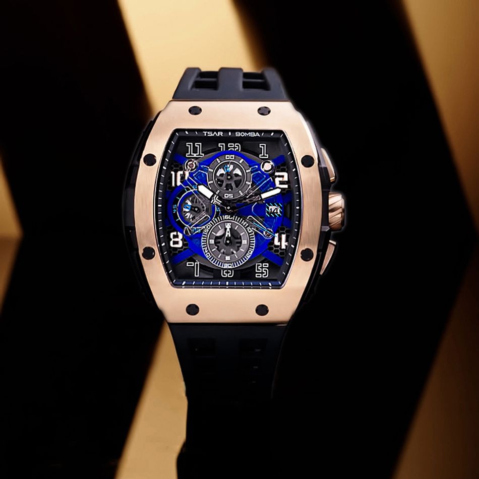 Tsar Bomba 機械公爵 | 元素系列 TB8211Q-05 | 玫金框 黑色矽膠錶帶 石英錶正面細節