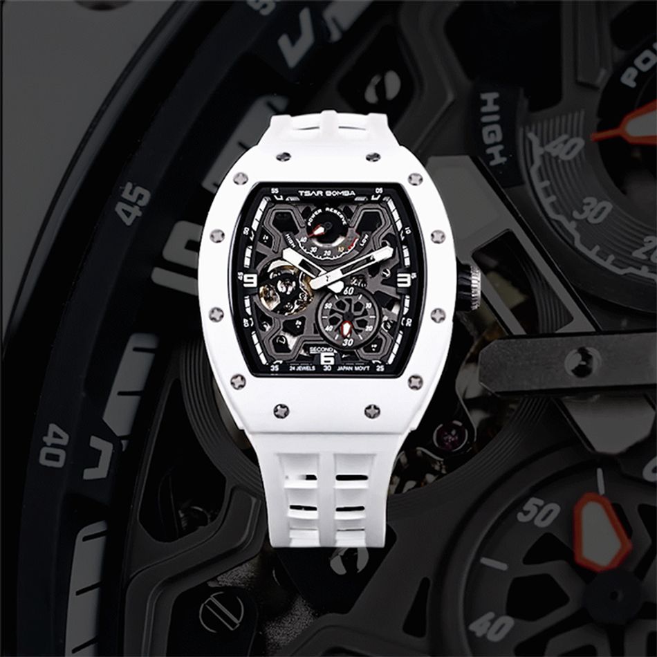 Tsar Bomba 機械公爵 | 元素系列 TB8212C-01 | 自動上鍊 白色陶瓷框 白色氟橡膠錶帶 機械錶正面細節