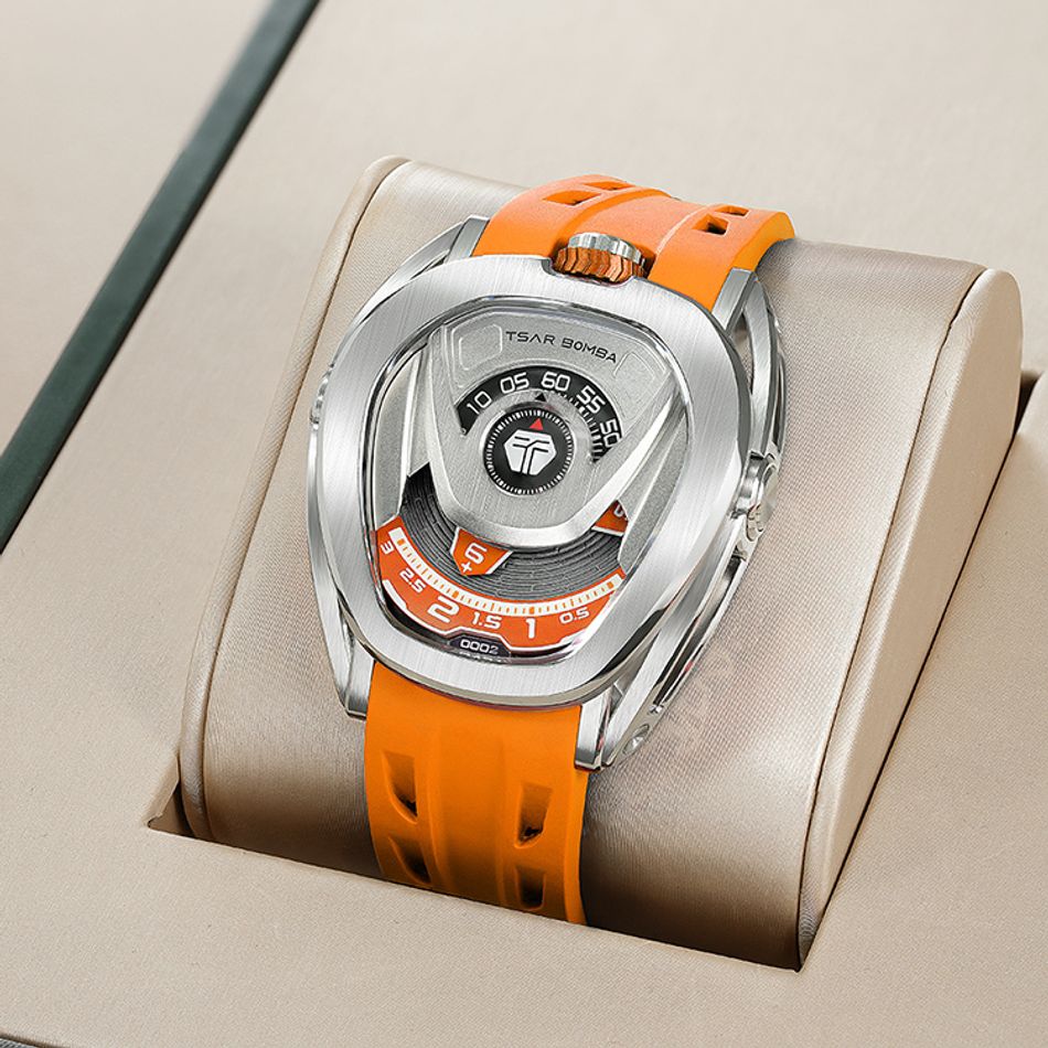 Tsar Bomba 機械公爵 | Reactor系列 TB8213A-01 | 配件可自由拆換 自動上鍊 銀框 橘色氟橡膠錶帶 機械錶斜側面示意圖