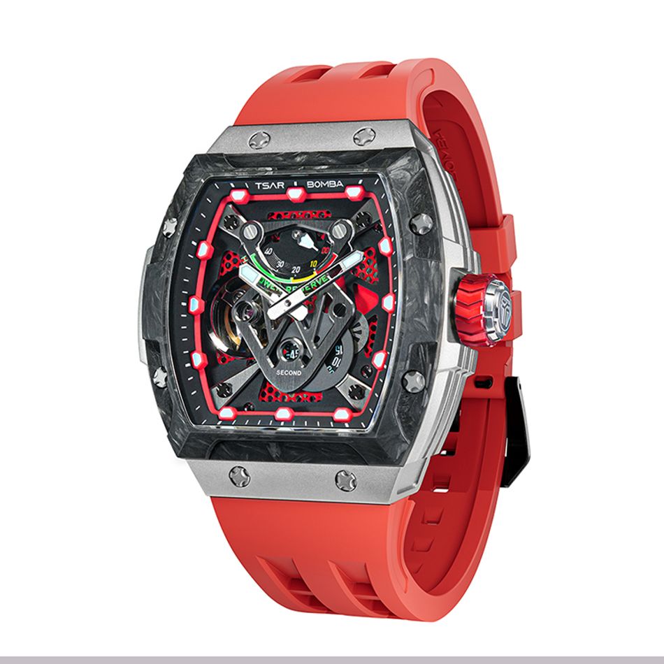 Tsar Bomba 機械公爵 | Neutron系列 TB8216TF-02 | 錶帶可自由拆換 自動上鍊 黑色炭纖維框 紅色氟橡膠錶帶 機械錶側面