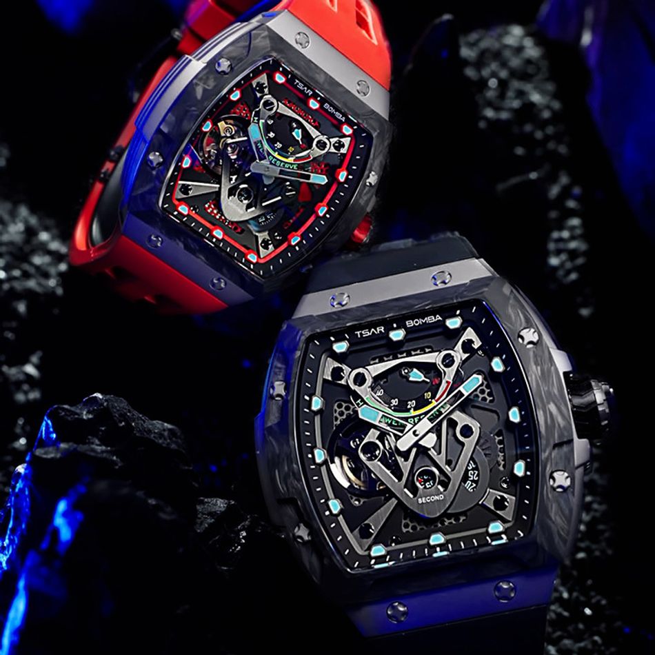 Tsar Bomba 機械公爵 | Neutron系列 TB8216TF-02 | 錶帶可自由拆換 自動上鍊 黑色炭纖維框 紅色氟橡膠錶帶 機械錶系列圖