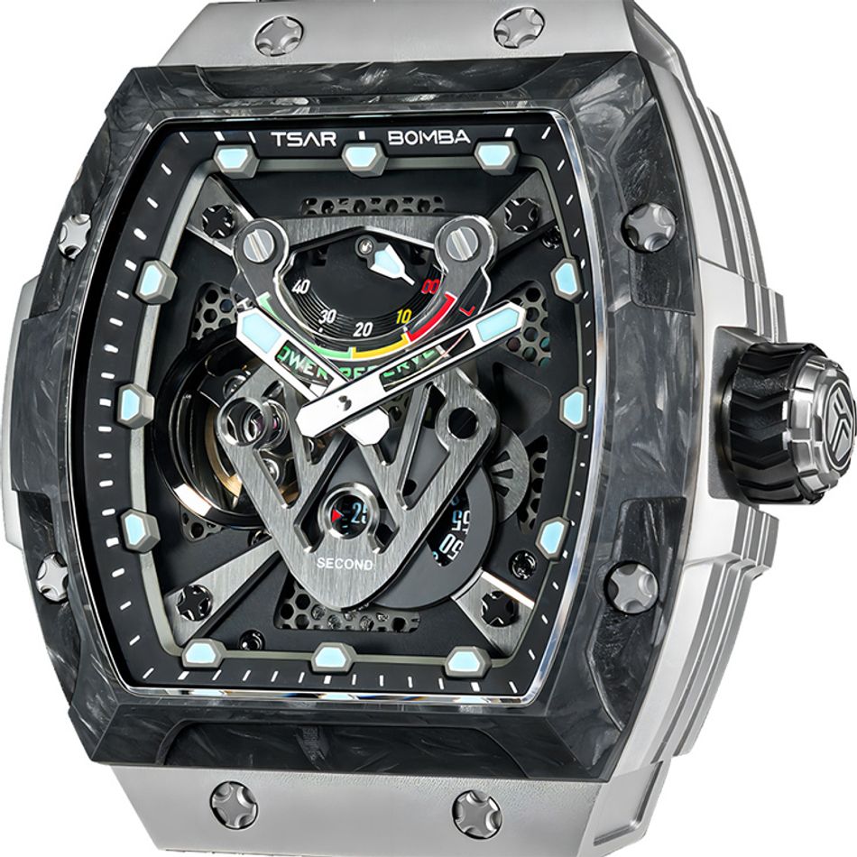 Tsar Bomba 機械公爵 | Neutron系列 TB8216TF-01 | 錶帶可自由拆換 自動上鍊 黑色炭纖維框 黑色氟橡膠錶帶 機械錶錶面細節
