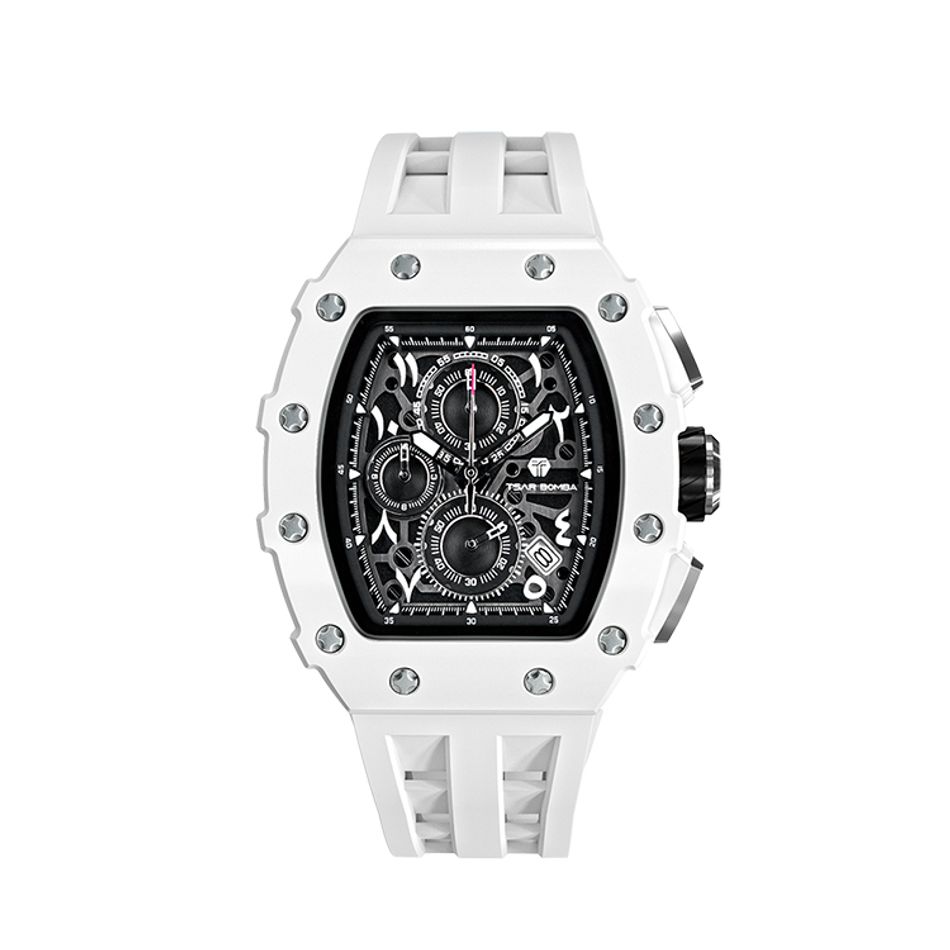 Tsar Bomba 機械公爵 | 元素系列 TB8204QA-01 | 日曆版 白色生化陶瓷框 白色矽膠錶帶 石英錶正面