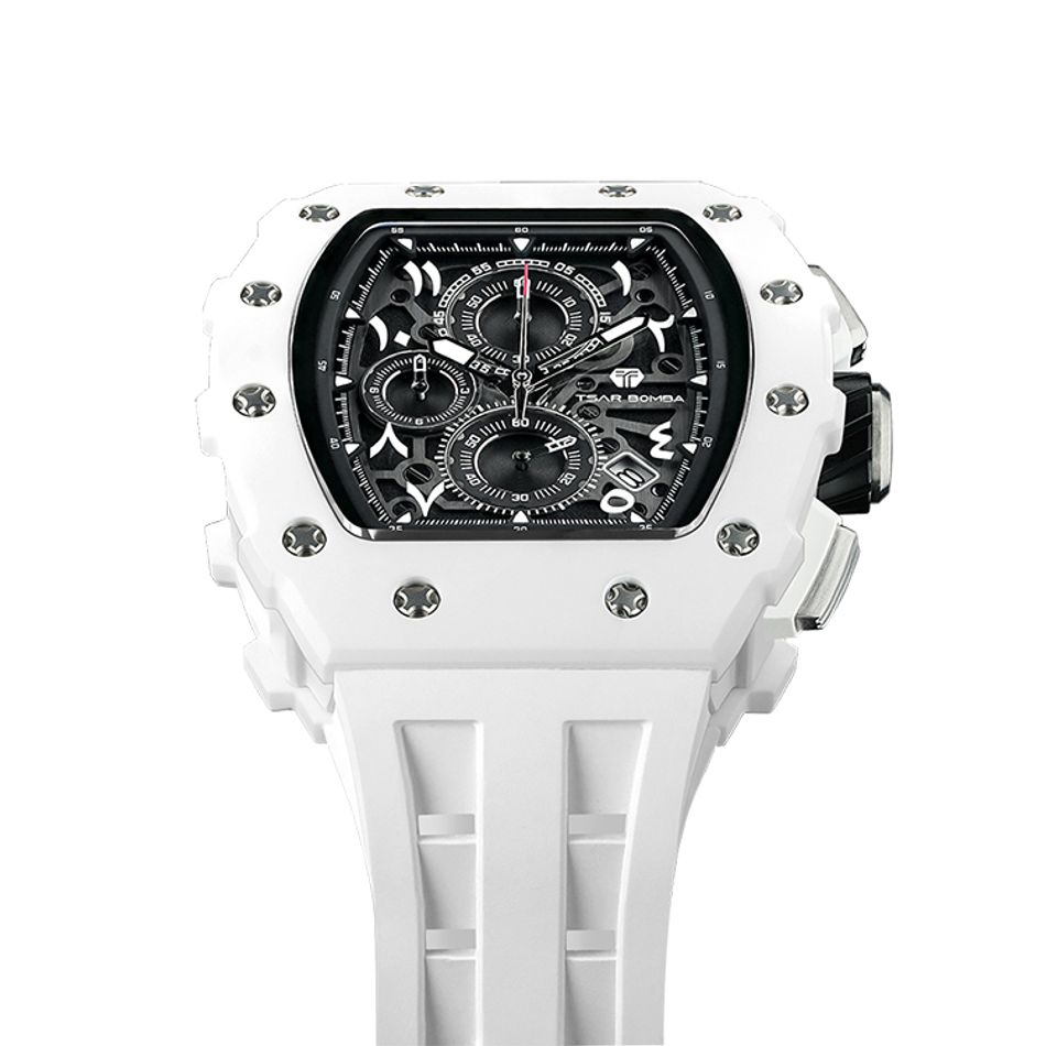 Tsar Bomba 機械公爵 | 元素系列 TB8204QA-01 | 日曆版 白色生化陶瓷框 白色矽膠錶帶 石英錶錶面細節