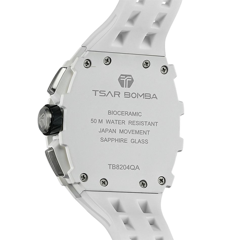 Tsar Bomba 機械公爵 | 元素系列 TB8204QA-01 | 日曆版 白色生化陶瓷框 白色矽膠錶帶 石英錶背面
