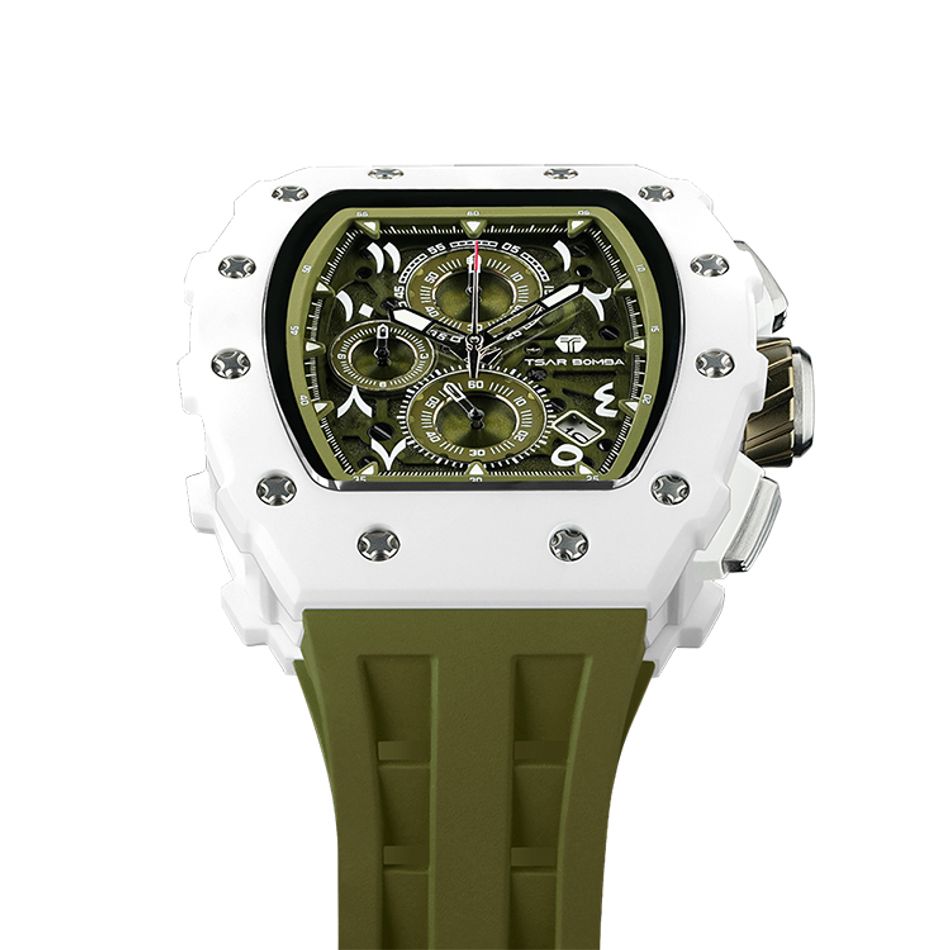 Tsar Bomba 機械公爵 | 元素系列 TB8204QA-03 | 日曆版 白色生化陶瓷框 綠色矽膠錶帶 石英錶錶面細節