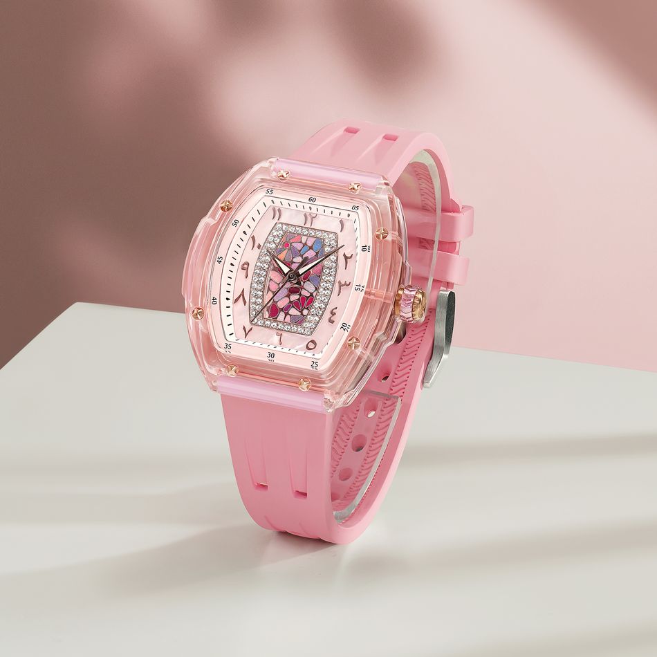 Tsar Bomba 機械公爵 | TB8219L-02 | 輕量化錶框 粉色氟橡膠錶帶 水鑽多彩錶盤 石英錶正面細節