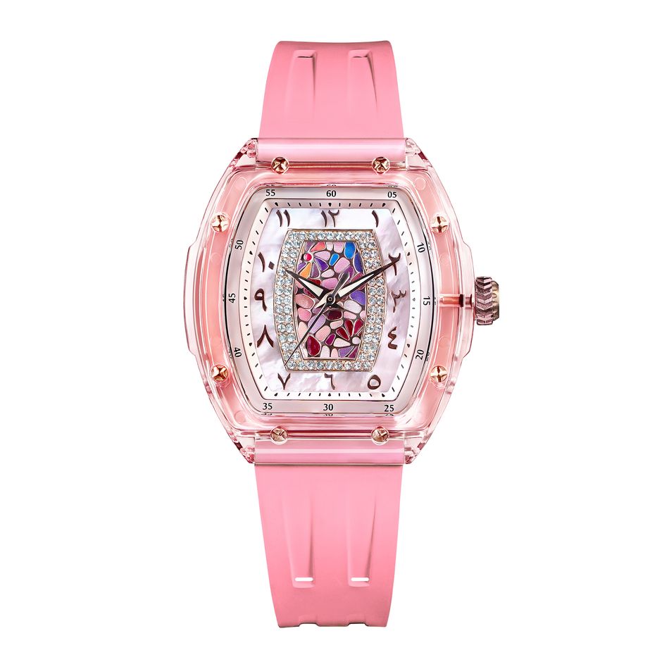 Tsar Bomba 機械公爵 | TB8219L-02 | 輕量化錶框 粉色氟橡膠錶帶 水鑽多彩錶盤 石英錶正面