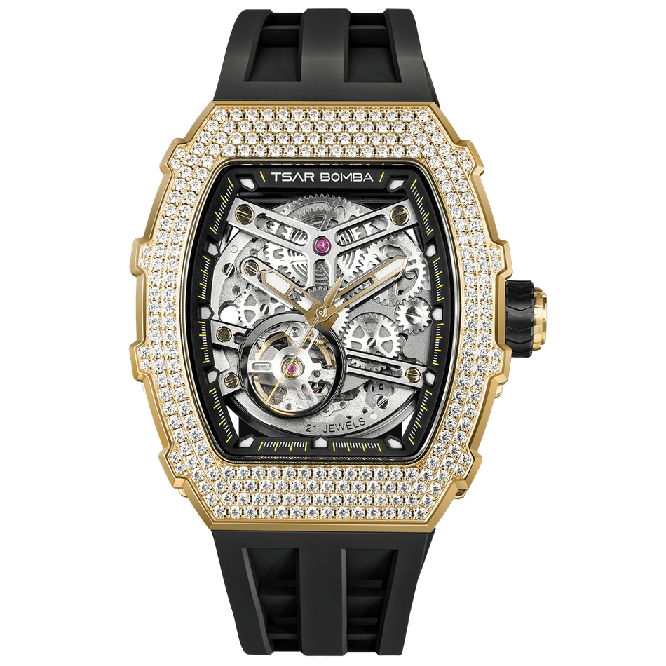 【贈太空人上鍊盒】Tsar Bomba | 元素系列 TB8208D-13 | 自動上鍊 金色鋯石水晶錶圈 黑色氟橡膠錶帶 機械錶 正面