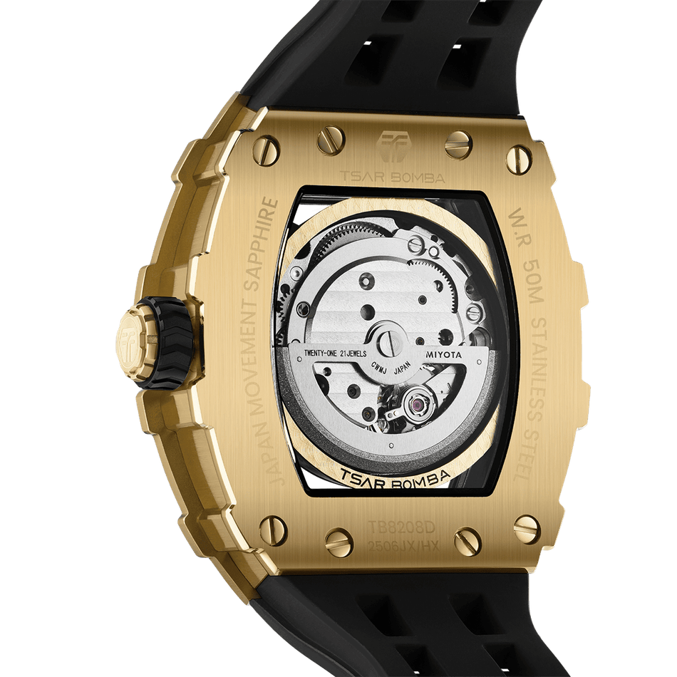 【贈太空人上鍊盒】Tsar Bomba | 元素系列 TB8208D-13 | 自動上鍊 金色鋯石水晶錶圈 黑色氟橡膠錶帶 機械錶  背面細節